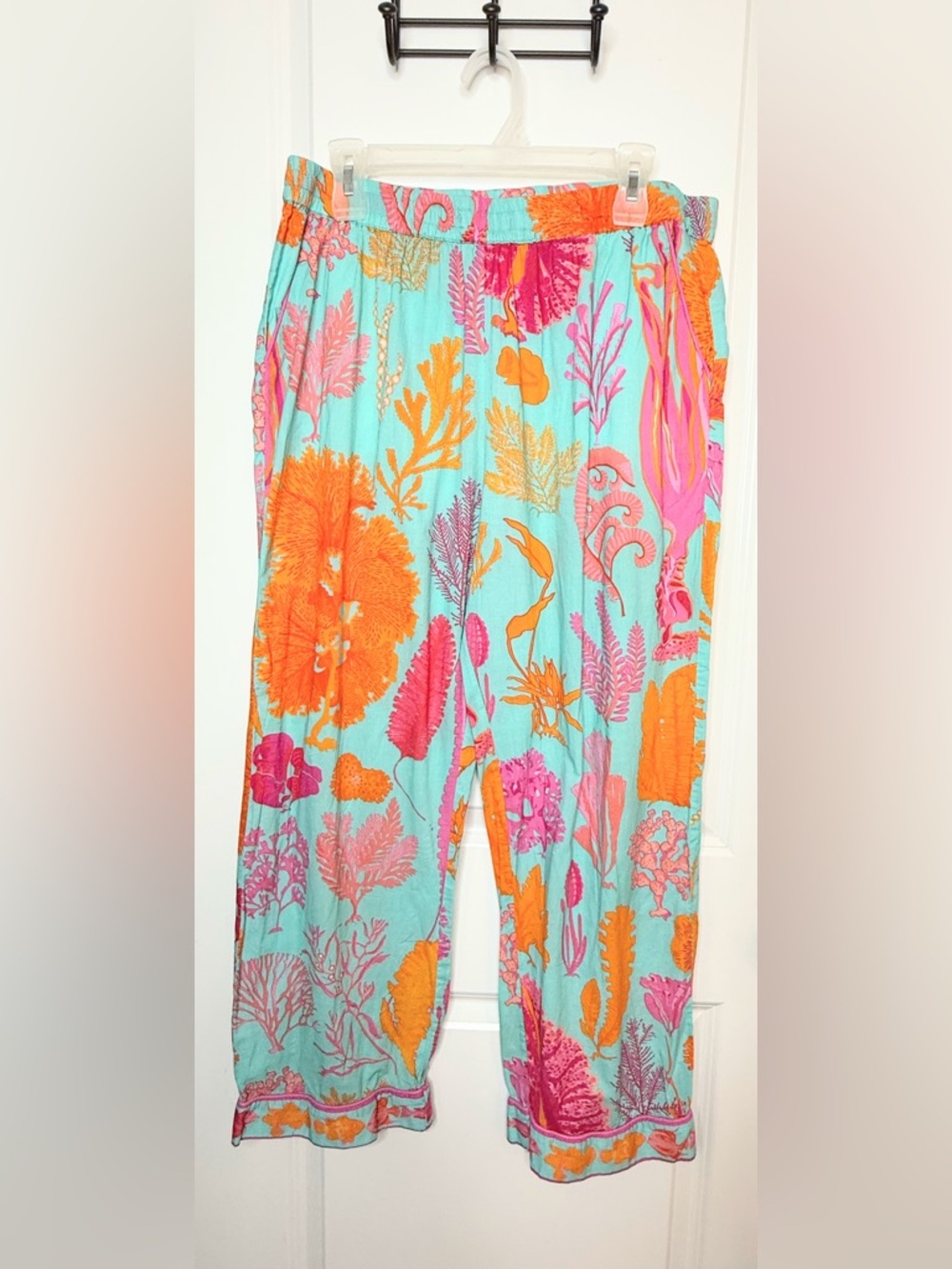 Gretchen Scott 2 Pc Set XL Aqua Pink Orange Coastal Print Top Pants Resort - Picture 7 of 11